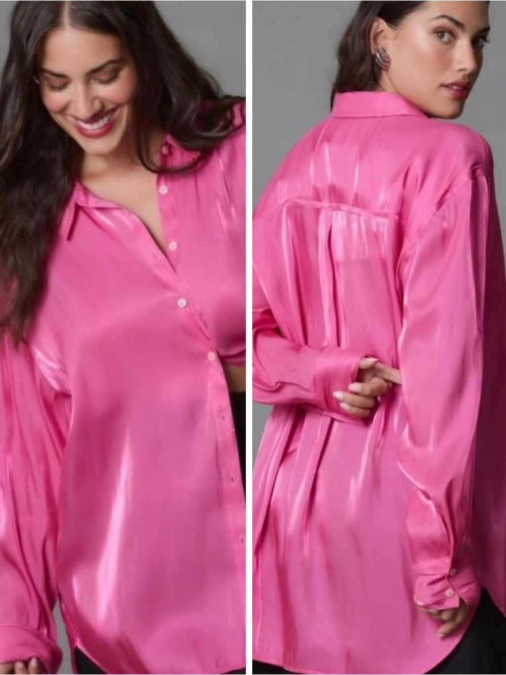 Anthropologie Hot Pink Satin Button-Down Shirt